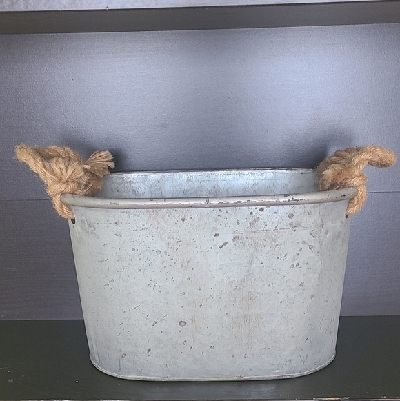 Rustic Galvanized Metal Bucket with Rope Handles - Picture 1 of 4